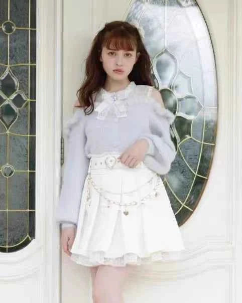 Liz Sweater Japanese Mass Production Autumn and Winter Woolen Off Shoulder Lace Slim Short Sweater Soft Furry Knitted Pullover