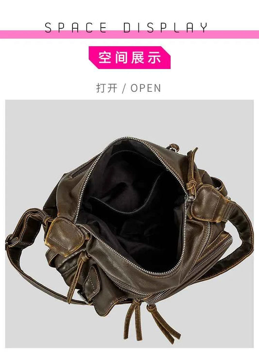 Vintage Multiple Pockets Women Shoulder Bags Luxury Washed Pu Leather Crossbody Bag Retro Motorcycle Bag Y2K Sac for Girls 2024