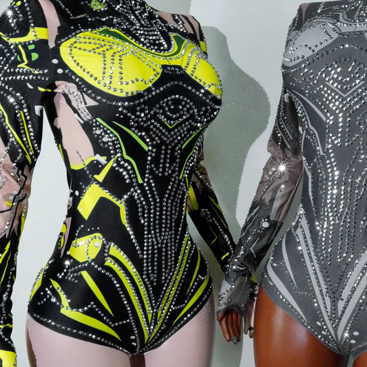 SS69 Women's Rhinestone Embellished Green Bodysuit High Elasticity Dance Outfit