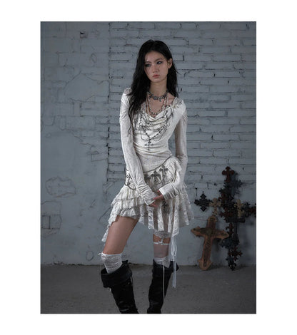 NO ROMANCE Fairy Sexy Punk Printing Half Transparent Lace Patch Knitted Long Sleeve Hooded Dresses Rock Gothic Design Vestidos SS69