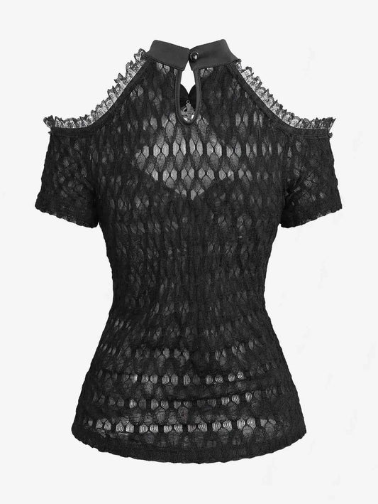 New Gothic Cold Shoulder Tops Women's Crochet Mesh Semi See Through Shirt with Cut Out Panels, Twist Front Cropped T-Shirt