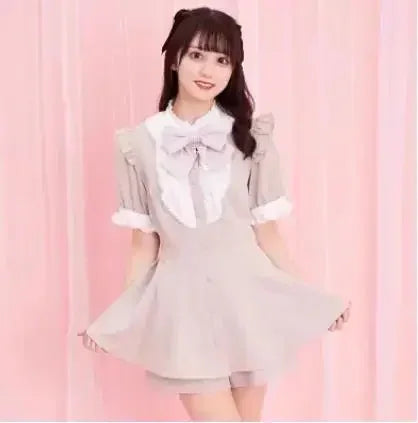 Geyalovvy Women's Lolita Sailor Collar Plaid Rhinestone Bow Two-Piece Set