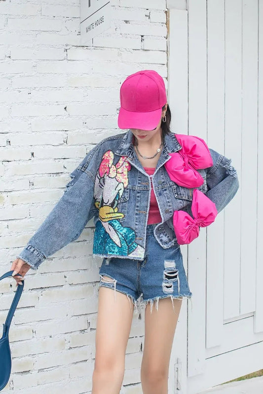Fashion Brand Jeans Coat Women's Spring Autumn New Heavy Industry Cartoon Sequins Chaqueta High Street Loose-Fitting Denim Coats SS69