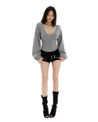Women's V-Neck Lantern Sleeve Knit Sweater - Autumn/Winter