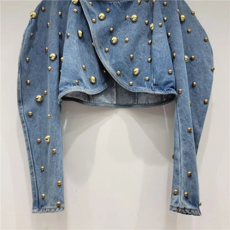 Spring Autumn Women Rivets Long Lantern Sleeve Denim Coat Short Pearls Beading Jeans Bomber Jacket Cowboy Cardigan Tops 2023 SS69