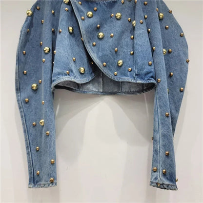 Spring Autumn Women Rivets Long Lantern Sleeve Denim Coat Short Pearls Beading Jeans Bomber Jacket Cowboy Cardigan Tops 2023 SS69