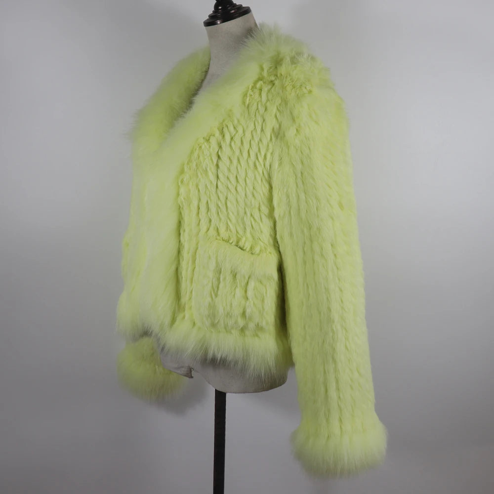New Women Autumn Winter Knitted Real Rabbit Fur Coat 100% Natural Rabbit Fur Jacket With Fox Fur Collar Overcoat For Female