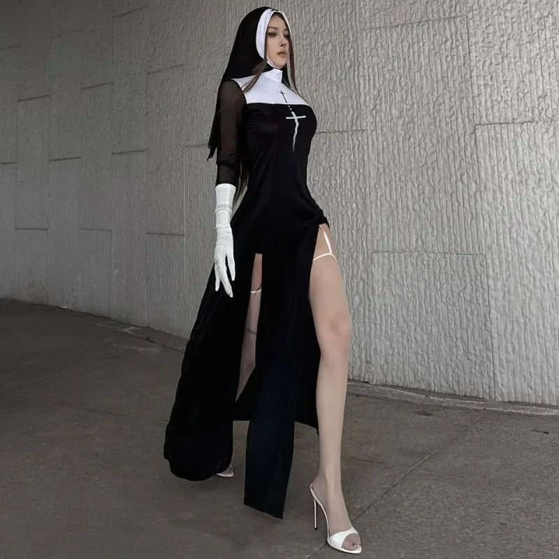 Adult Women Sexy Halloween Costume Anime Nun Cosplay Fancy Dress Gothic Robe Long Black Uniform Carnival Party Themed Events