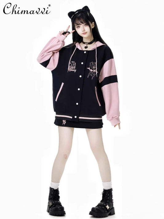 Pink and Black Splicing Color Hooded Baseball Jacket Casual Pant Sets 2025 Spring and Autumn Sweet Cool Girl Students Outfits SS69