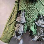 DEAT Women's Patchwork Denim Pullover Sweater - Loose Knit Top
