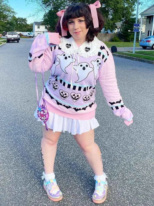 Yangelo Pink Kawaii Sweater Women's Knitted Top Gothic Ghost Bat Pattern Autumn Winter Warm Fairy Grunge Clothing