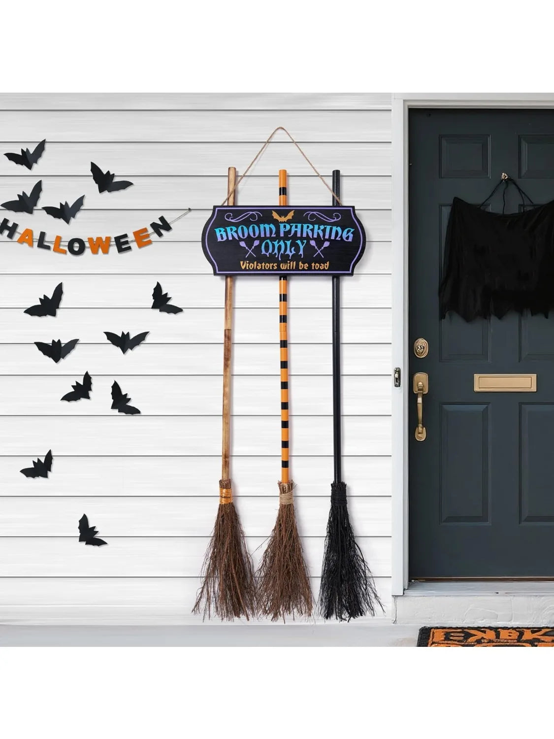 Halloween Broom Parking Sign with 3pcs Wooden Witches Brooms Halloween Decorations Outdoor Wooden Warning Sign for Front Porch Wall Decor Home Office Indoor