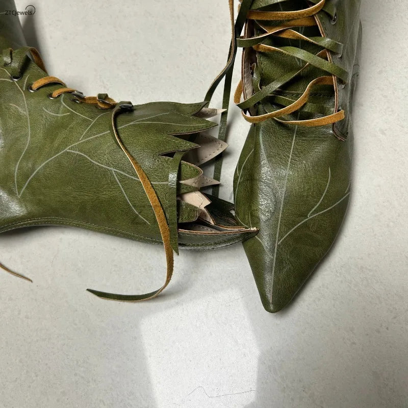 Women New Halloween Elf Witch Cosplay Retro Shoes Faux Leather Party Green Tree Spirit Leaf Boots Gifts for Her