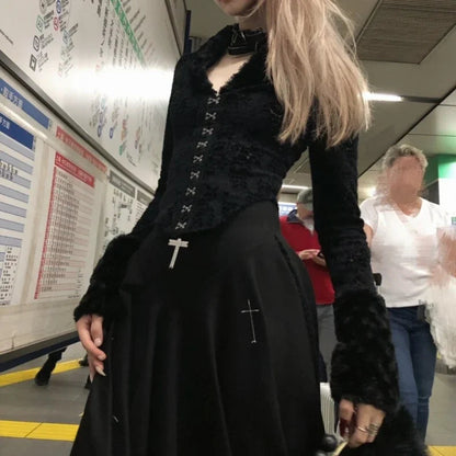 Deeptown Y2k Black Vintage Lace Gothic Women Shirt Harajuku V Neck Hollow Out Long Sleeve Japanese Fashion Blouses Slim Gyaru SS69 28.69 Black / M