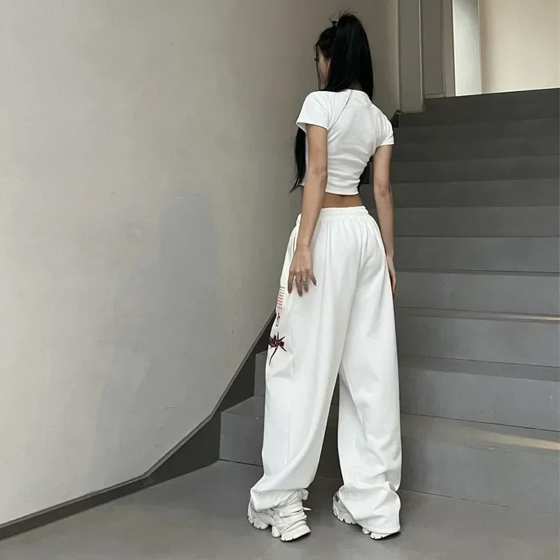 Korean Y2K Streetwear White Jogging Sweatpants Women Harajuku Sports Pants Oversized Hip Hop Letter Wide Leg Trousers SS69