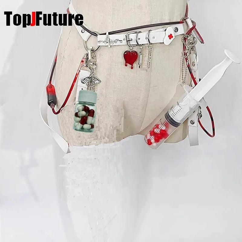 Harajuku Goth Lolita Y2K Girl Blood vessel pendant Halloween cosplay props Syringe Hospital ornament Pill bottle Key Chain SS69
