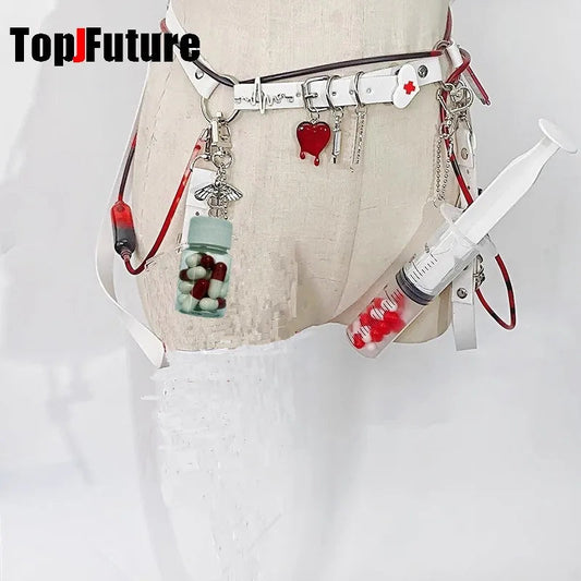 Harajuku Goth Lolita Y2K Girl Blood vessel pendant Halloween cosplay props Syringe Hospital ornament Pill bottle Key Chain SS69