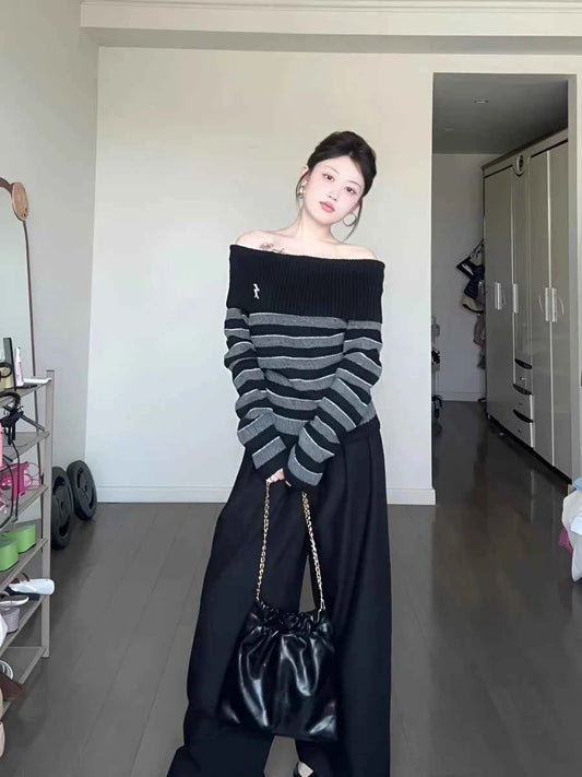 2025 Autumn Winter Women Long Sleeve Slash Neck Striped Cuddly Sweater Knitwear 2000s Jumper Gyaru Coquette Korean Fashion New