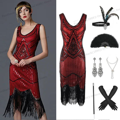 1920s Gatsby Dress 20s Flapper Girl Fancy Retro Sleeveless Sequins Embroidered Tassels Party Dress With Fan Necklace Accessories SS69