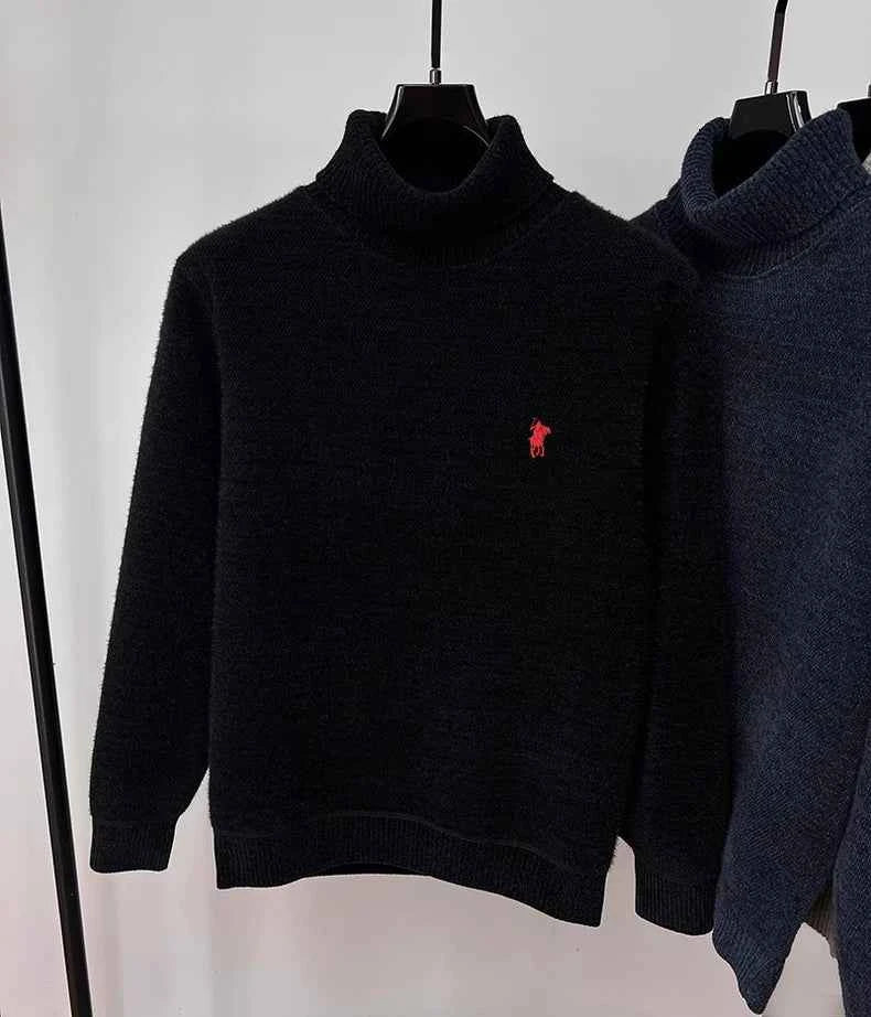 High end brand velvet sweater men's new fashion designer exquisite pony embroidery winter thick warm high neck knitted pullover