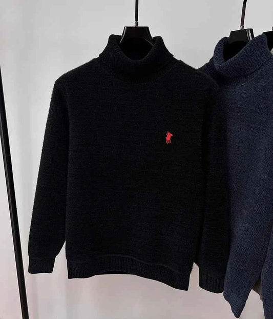 High end brand velvet sweater men's new fashion designer exquisite pony embroidery winter thick warm high neck knitted pullover