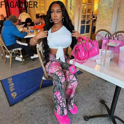 FAGADOER Y2k Fashion Pink Camouflage Print Pants Women Button High Waist Flare Pants Female INS New Autumn Streetwear Bottoms SS69