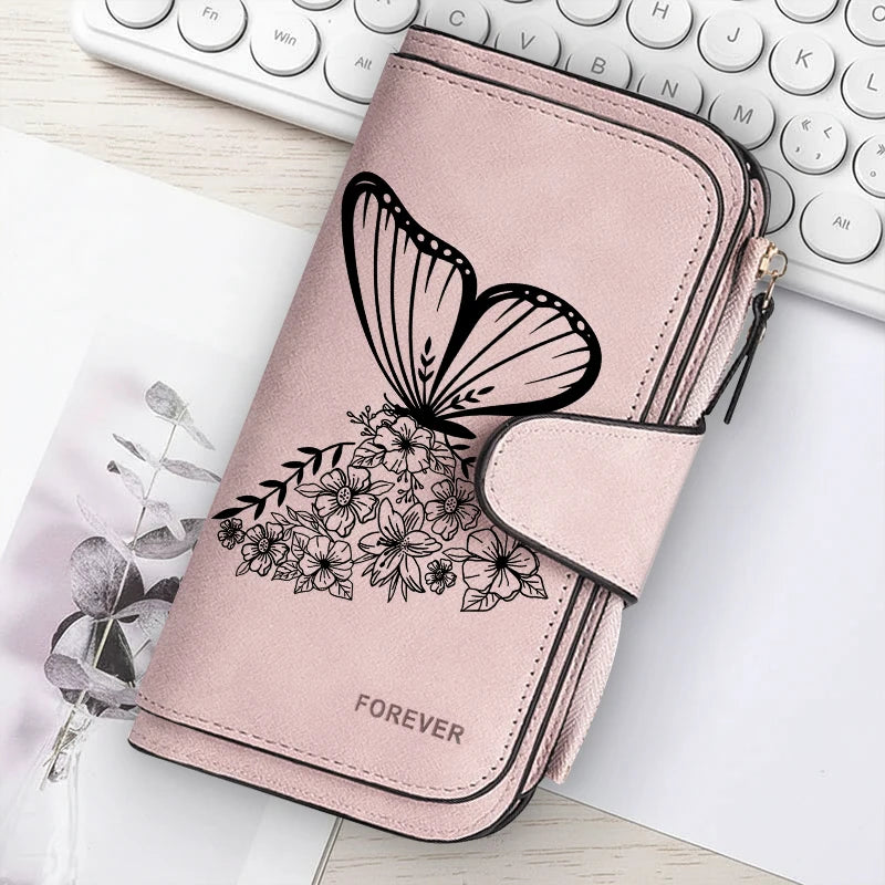 ZeAiLi Long PU Leather Clutch Wallet with Animal Paw & Butterfly Print