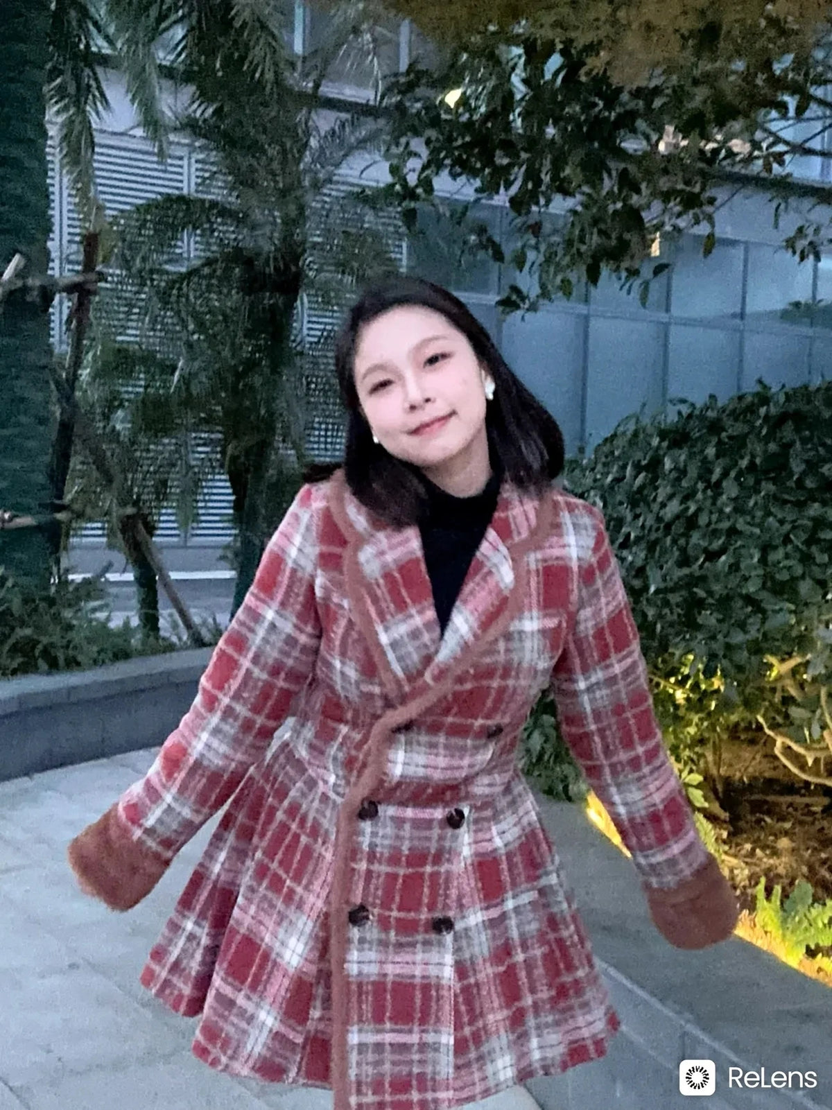 Women's Double Breasted Plaid Coat, Woolen Jacket , V-Neck, Loose Tops, Female Clothes, Sweet, New, Autumn, Winter