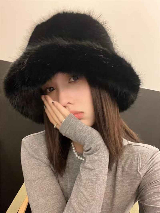 2025 Fluffy Faux Fur Bucket Hats Women Rabbit Fur Warm Thick Plush Winter Hat Lady Fashion Luxury Panama Furry Fisherman Cap Y2k