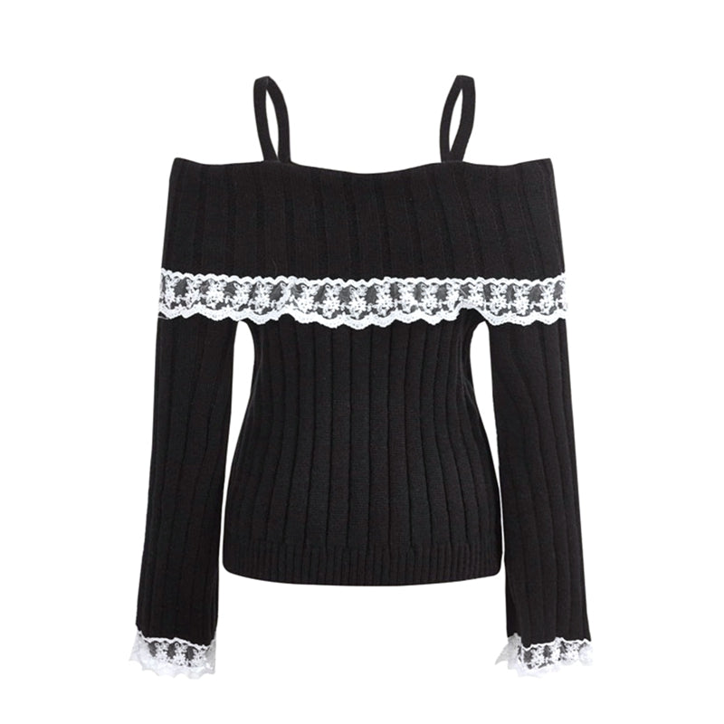 Pretty Cute Outfits Harajuku Cosplay Sweater Kawaii Lace Trim Off Shoulder Pullovers Y2K Aesthetic Vintage Long Sleeve Jumpers SS69