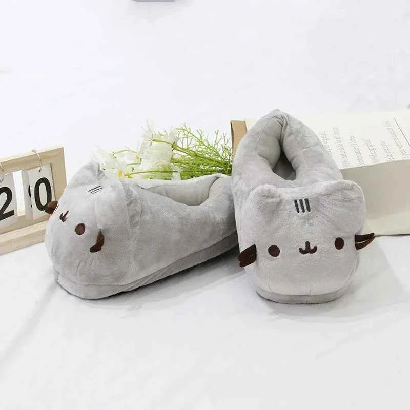Cartoon Full Covered Cat Slippers Warm Winter Slides Soft Plush Doll Indoor Cute Anime Bedroom Shoes  Home Use