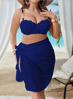 VigoJany 2025 Solid 3 Piece Mesh Skirt Plus Size Bikini Set Women Strapped Push Up Big Swimsuit High Waist Chubby Bathing Suit SS69