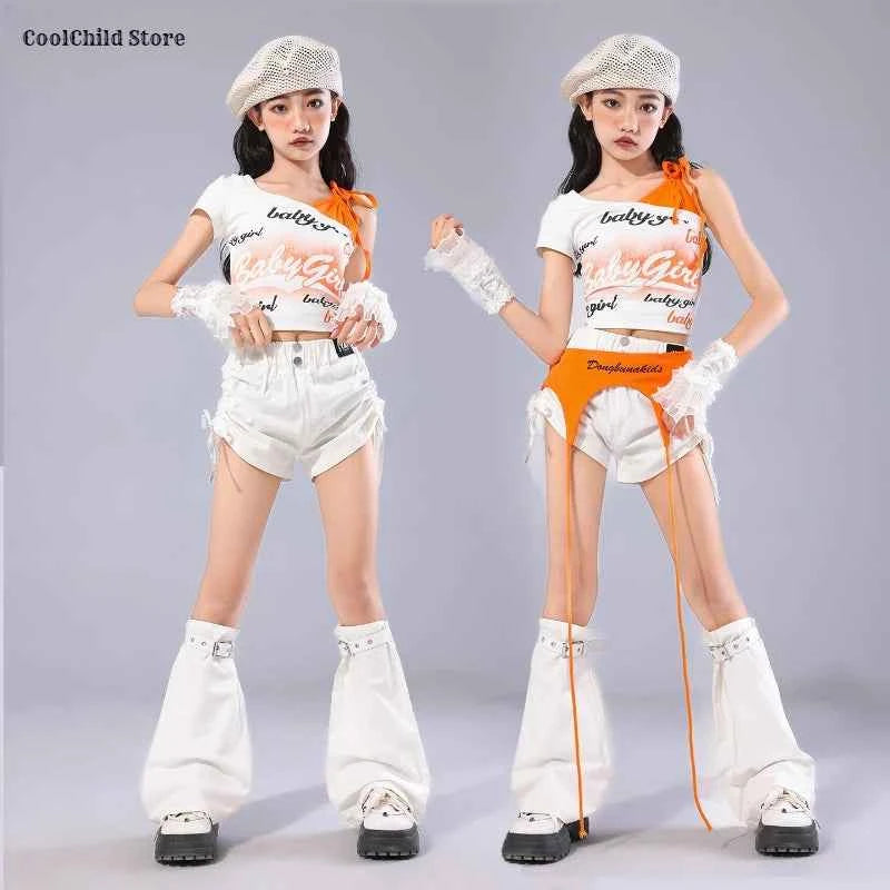 Girls K-pop Off Shoulder Crop Top Lace Cargo Pants Dance Shorts Kids Hip Hop Streetwear Children Jazz Girl Group Clothes Sets