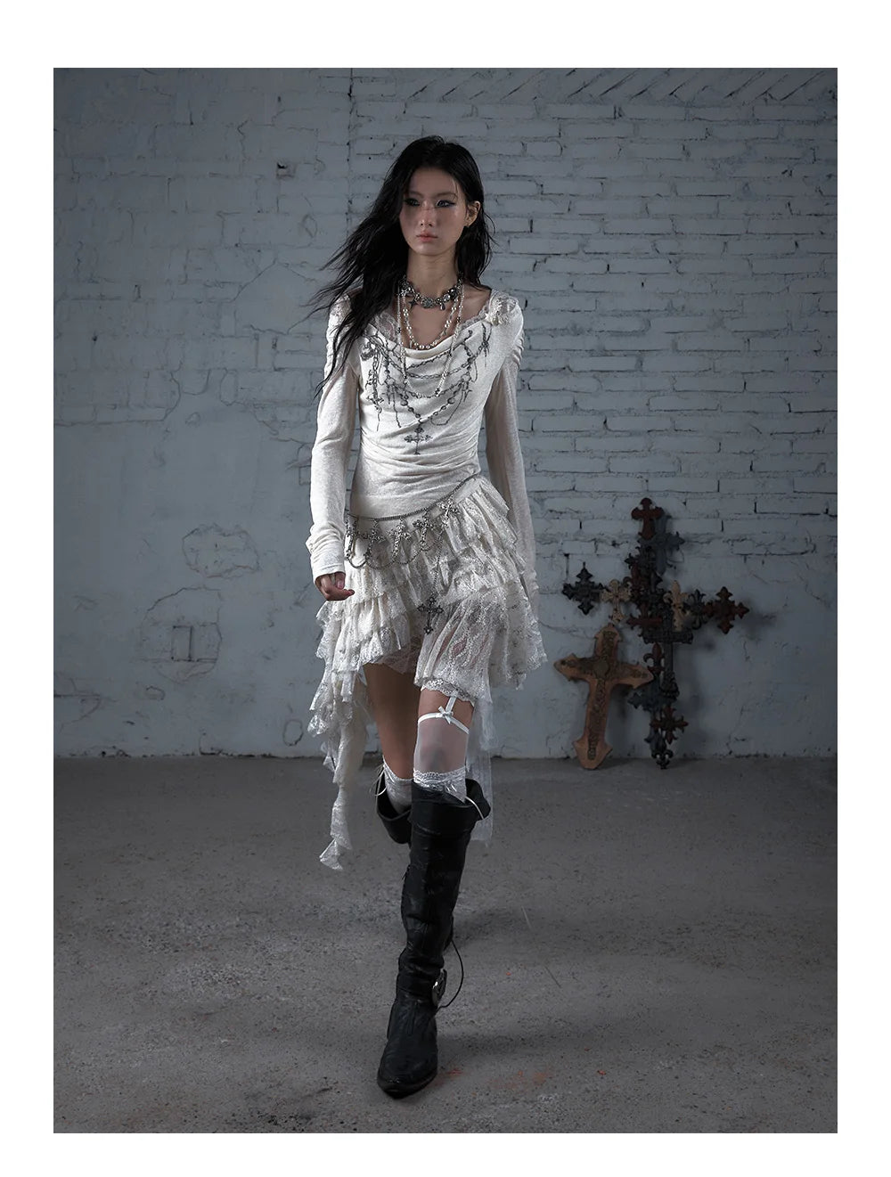 NO ROMANCE Fairy Sexy Punk Printing Half Transparent Lace Patch Knitted Long Sleeve Hooded Dresses Rock Gothic Design Vestidos SS69