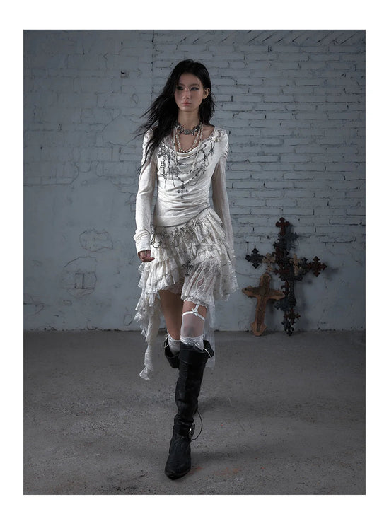 NO ROMANCE Fairy Sexy Punk Printing Half Transparent Lace Patch Knitted Long Sleeve Hooded Dresses Rock Gothic Design Vestidos SS69