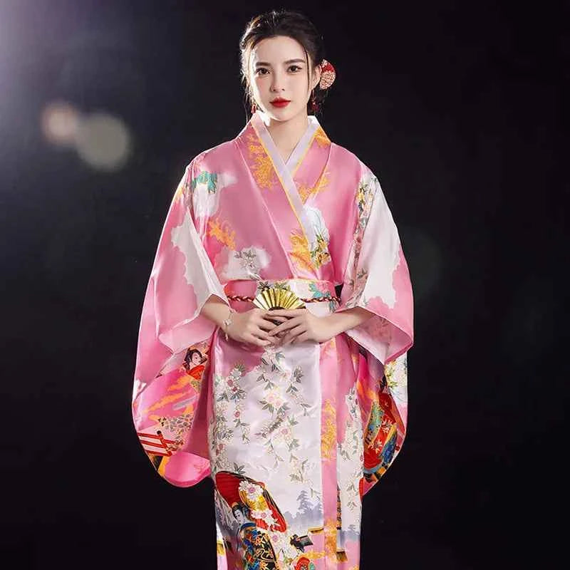 Women's Elegants Japanese Kimono Sexy Yukata with Obi Cosplay Costume National Novelty Evening Dress Printed Flower Geisha Gown