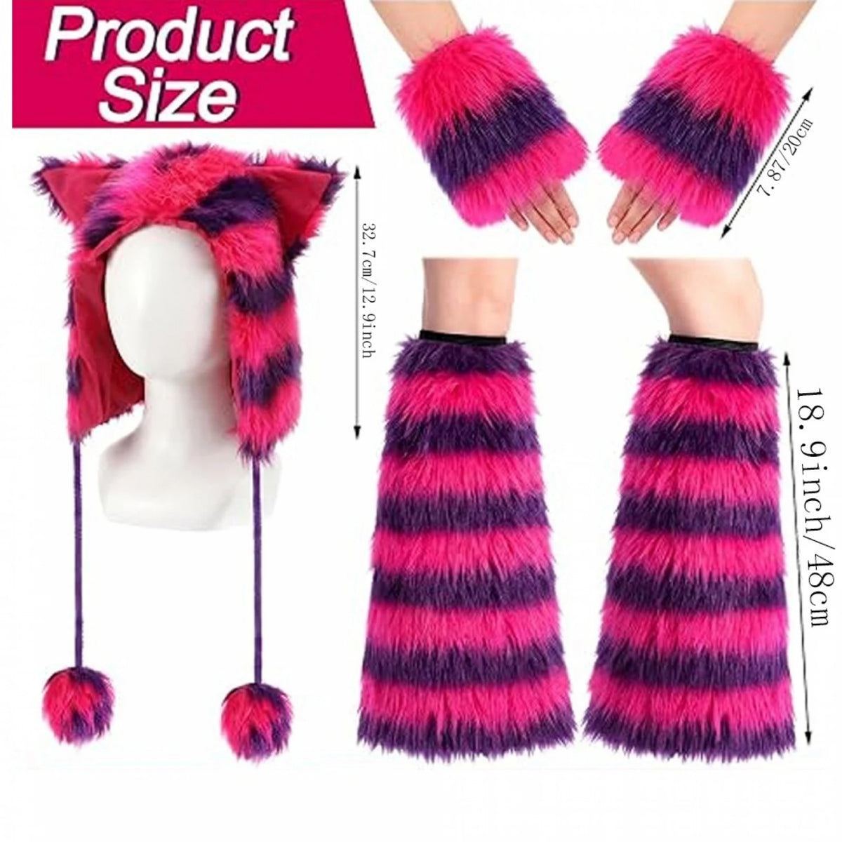 Halloween Cheshire Cat Cosplay Set Lady Furry Striped Cat Ear Hat Wrist Cuffs Leg Warmers Alice Themed Party Costume Accessories