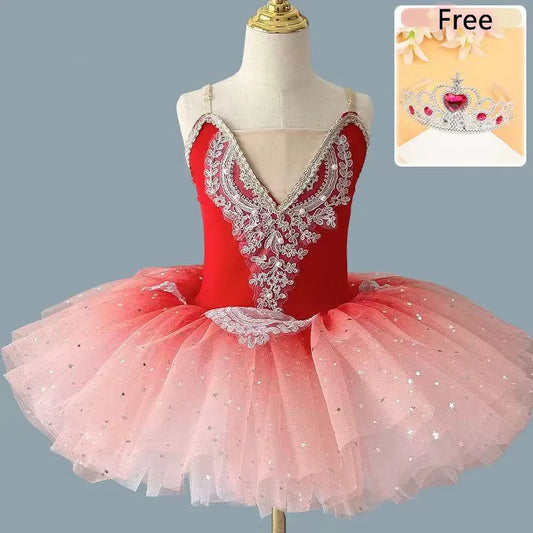 SS69 Girls Ballet Tutu Dress with Crown, Blue and Pink Nylon Dance Costume