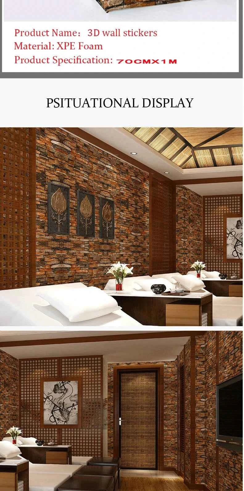 3D Self-Adhesive Wallpaper 70cm*1/5/10m Continuous Waterproof Brick Wall Stickers Living Room Bedroom Children's Room Home Decor