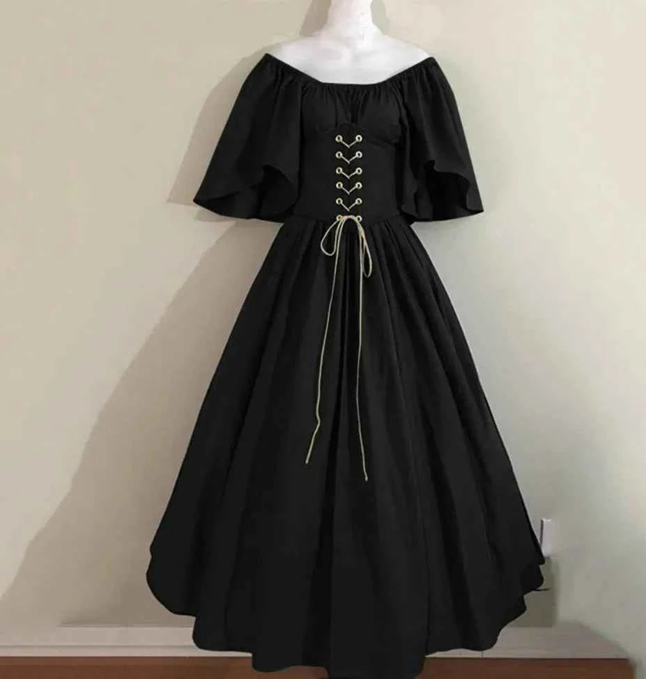 Halloween Costumes for Women Medieval Retro Contrasting Color Slim Swing Dress One-word Shoulder Dress Love Live Cosplay