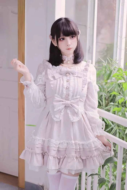 Japanese Liz Dresses Women Autumn New Girl's Sweet Cute Bud Mini Series Mass Production Angel Small Cake Dress Bow Lolita Dress
