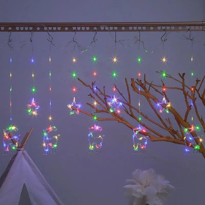 Christmas Curtain Lights LED String Lights with Tree Snowflake Star Deer Bell USB Remote 8 Modes Home Decor
