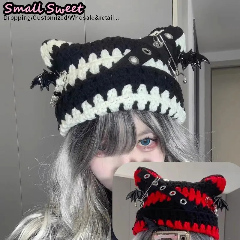 Women Winter rock Gothic Devil Pin Striped Cat Ear Grunge Beanie Hat fur ball Harajuku Punk Knitted Hat Chic Streetwear Hat