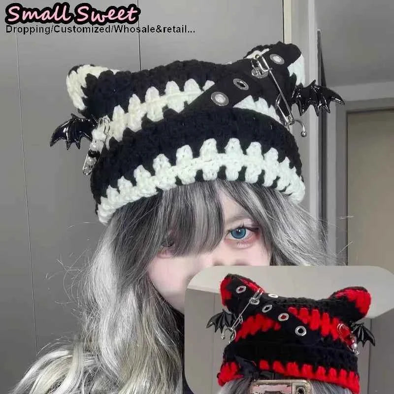 Women Winter rock Gothic Devil Pin Striped Cat Ear Grunge Beanie Hat fur ball Harajuku Punk Knitted Hat Chic Streetwear Hat