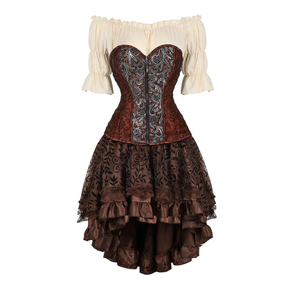 Brown Pirate Dress Plus Size Faxu Leather Steampunk Corset Dress with Shoulder Off Blouse Cosplay Pirate Costume for Women SS69 69.69 Brown 5 / M