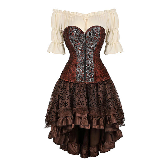 Brown Pirate Dress Plus Size Faxu Leather Steampunk Corset Dress with Shoulder Off Blouse Cosplay Pirate Costume for Women SS69 69.69 Brown 5 / M
