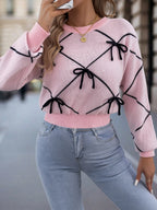 2026 Fashion Contrasting Bow Knitted Sweaters Autumn Winter Casual Round Neck Lantern Long Sleeve Tops for Woman Valentine's Day