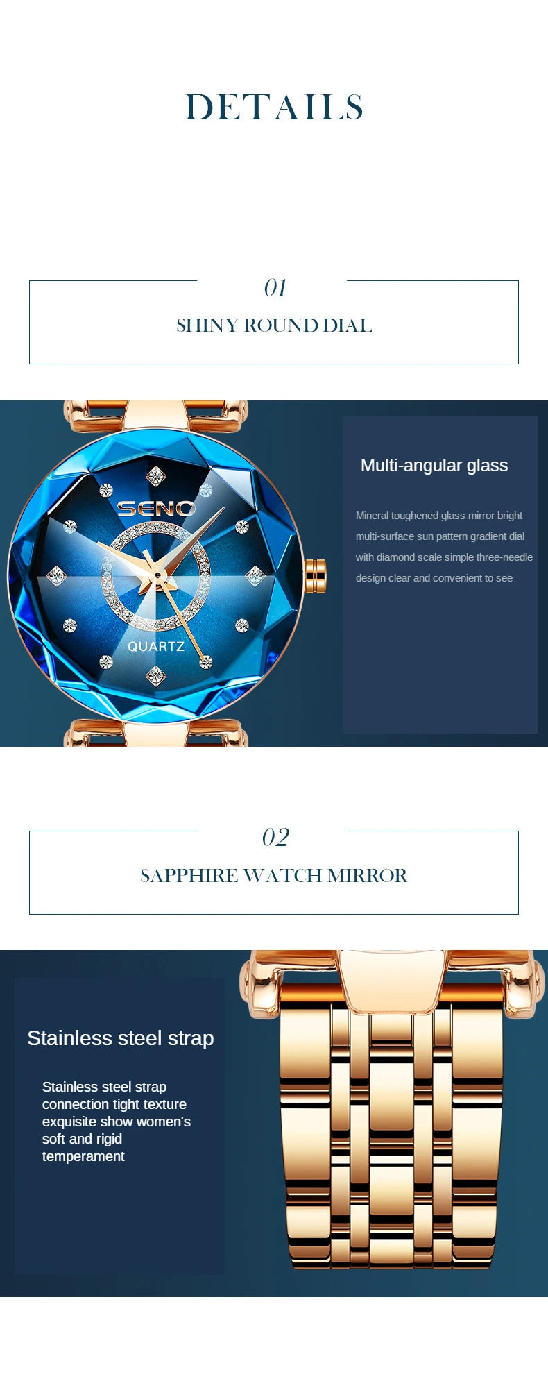 SENO Ocean Star Women Crystal Watch 2024 Top Brand Luxury Rose Gold Women Bracelet Watch for Ladies Wrist Watch Relogio Feminino SS69