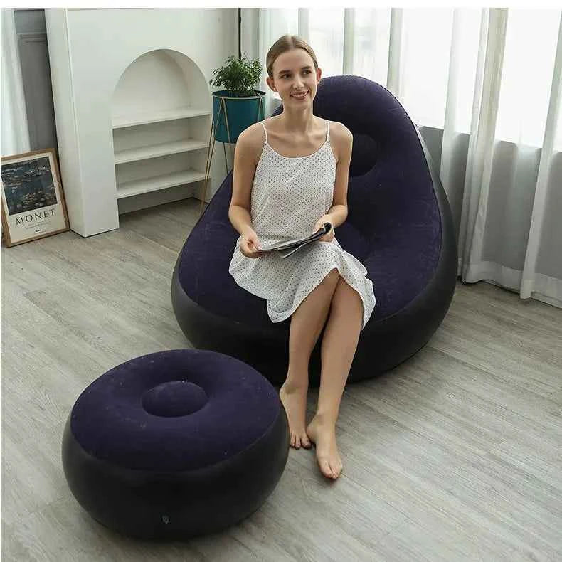 Inflatable Lounge Chair for Adults, Folding Portable Lazy Sofa with Foot Stool ,Air Couch Sofa for Livingroom and Bedroom