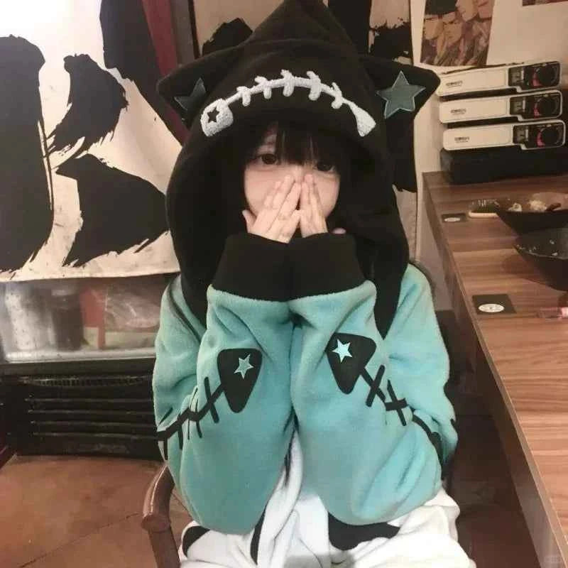 SS69 Japanese Punk Cat Ear Fish Bone Zip-Up Oversized Hoodie Blue